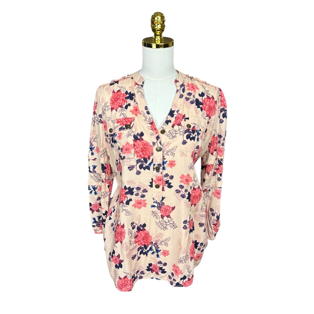 Matilda Jane Womens Peach‎ Floral Rayon Tunic Top Lace Detail Size M Boho Shabby